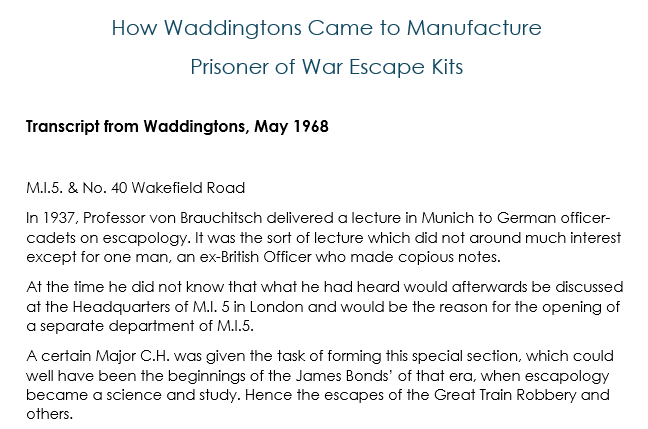 Waddingtons War Escape Kits Transcript
