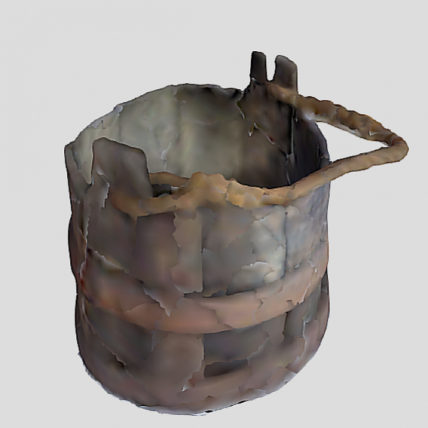 An interactive 3D scan of a rustic, metal bucket with a textured, weathered surface. It has a rounded base and a twisted handle