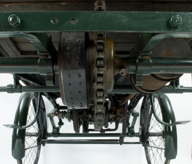 Shows the large chain underneath and the suspension