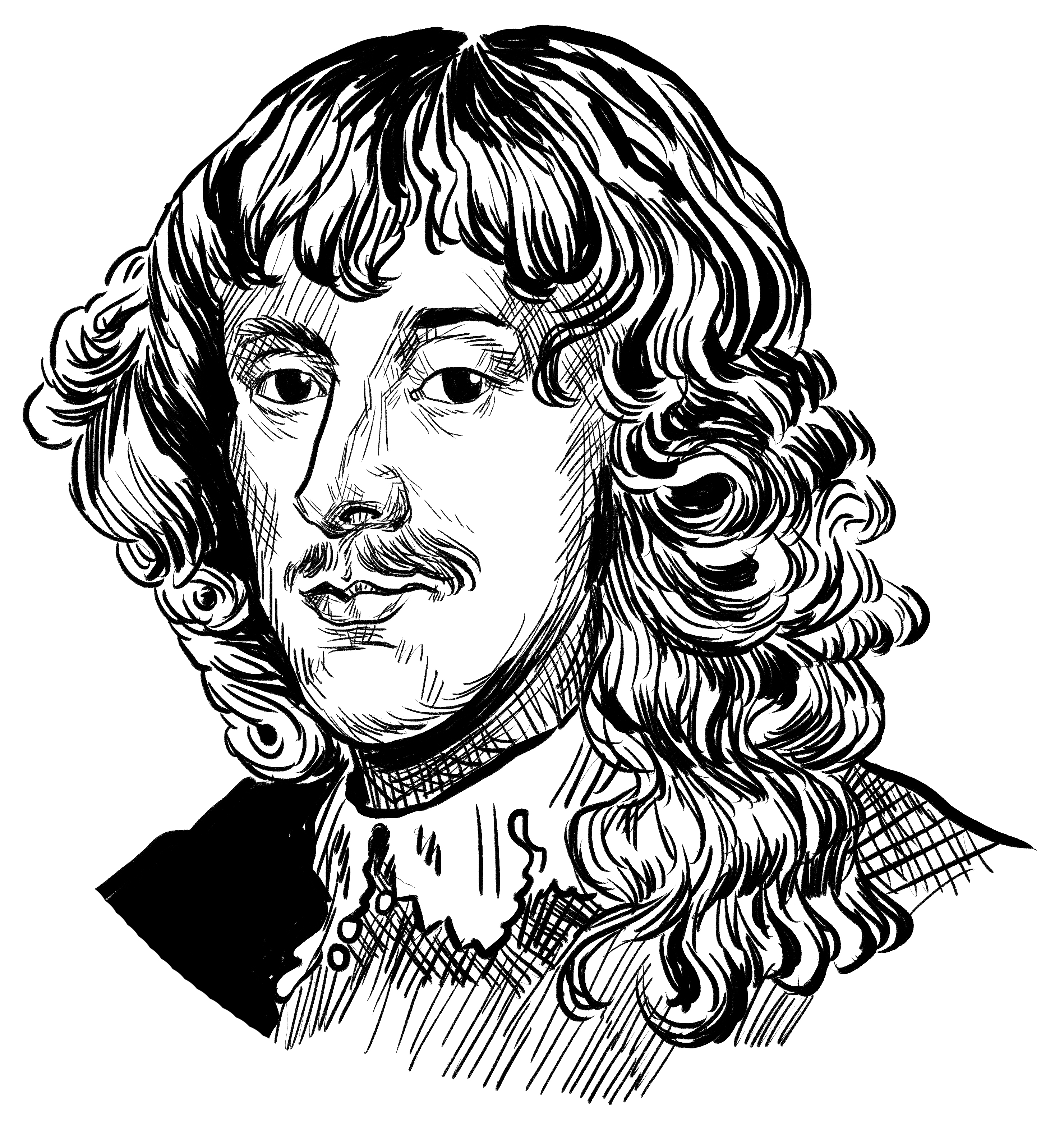Black and white line drawing of long haired man in 17th Century clothing