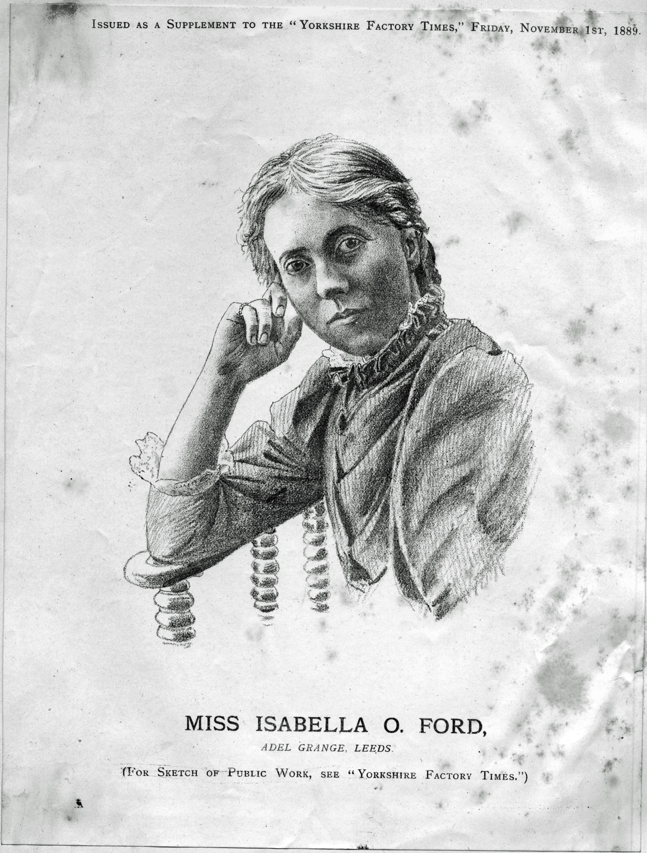Engraved portrait of Isabella Ford, Suffragist