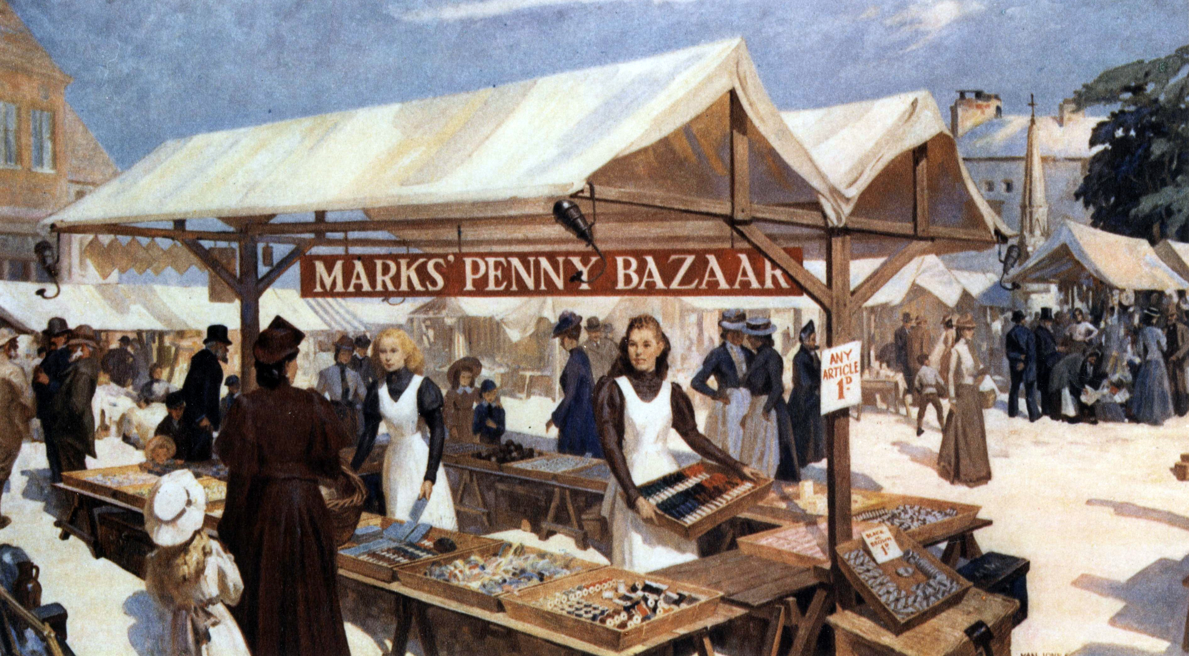 A painted scene shows a busy outdoor Victorian market labelled “Marks’ Penny Bazaar”.