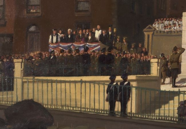 Painting showing a crowd and group of officials and churchmen standing on a platform covered with a Union Jack flag