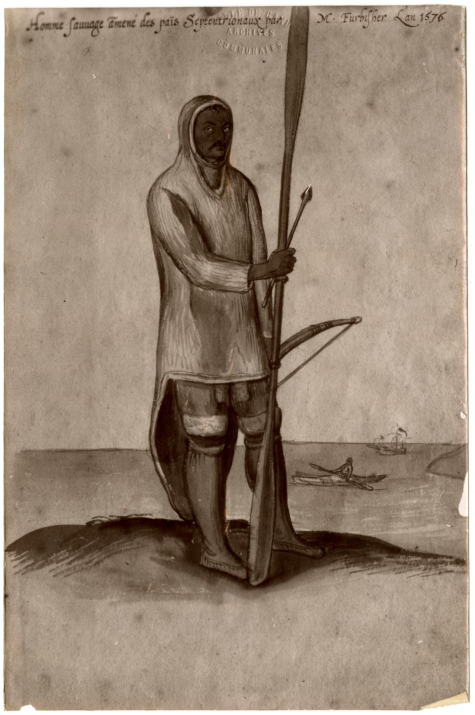 A watercolour drawing of an Inuit man wearing skin jacket, shorts and boots. He is holding an oar and bow and arrow and standing in front of the sea.