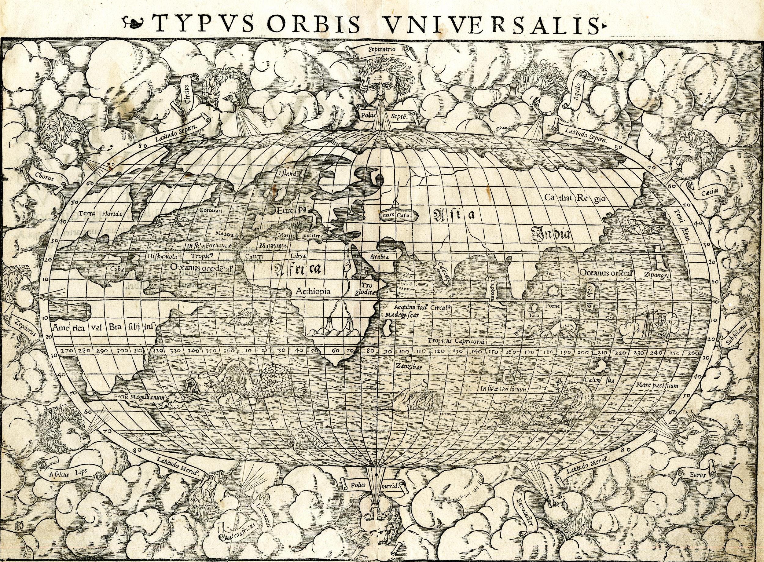 Print of a map of the world, surrounded by wind faces among clouds; sea monsters swimming in the Southern seas; a ship on the Pacific from a detailed German woodcut.