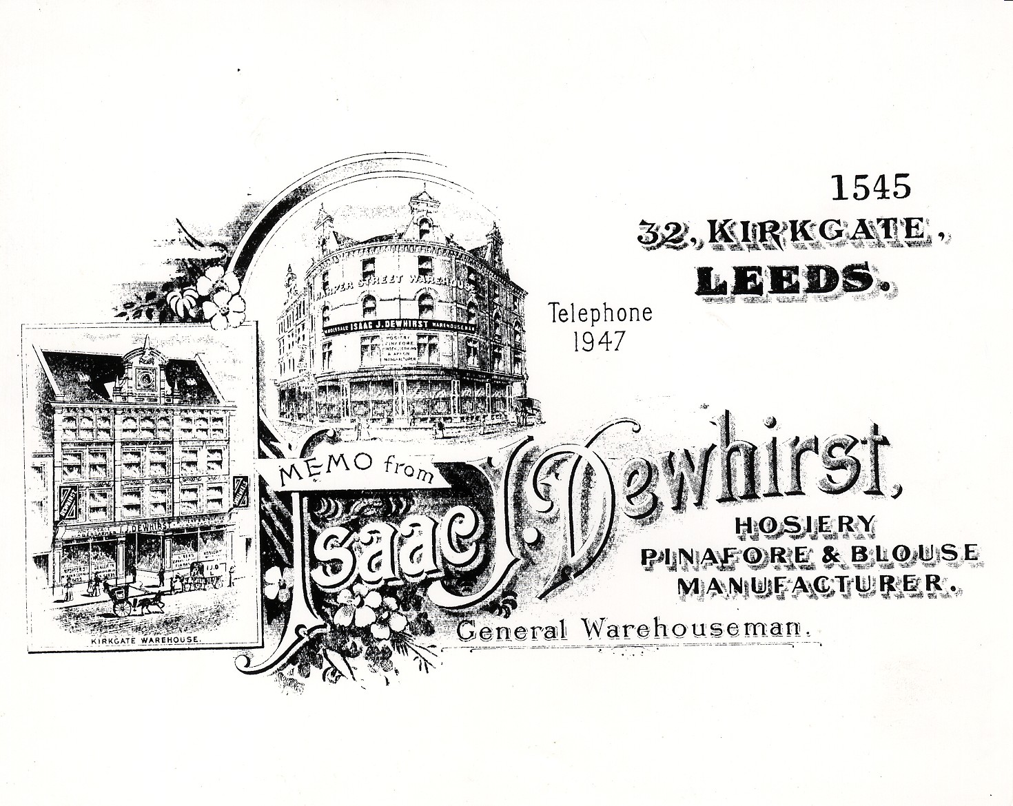 Black and white photo of an old fashioned printed letterhead with words Isaac J Dewhirst
