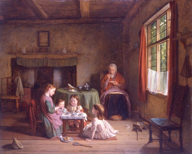 A painting of children playing with a tea set in a poor Victorian home, by Thomas Webster 1862