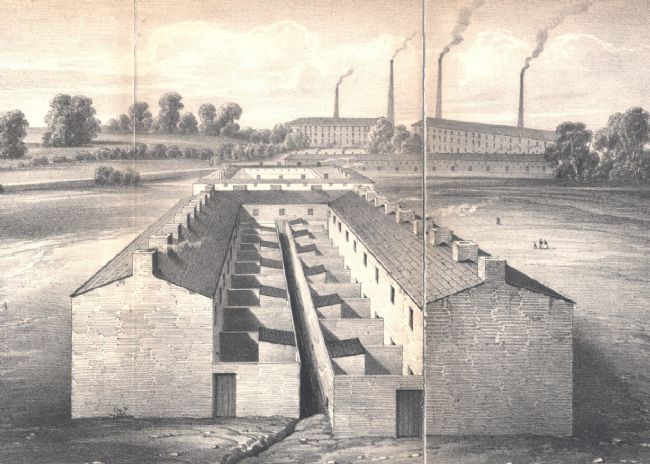 Illustration of a street of Victorian workers' cottages in Preston with factory chimneys in the background