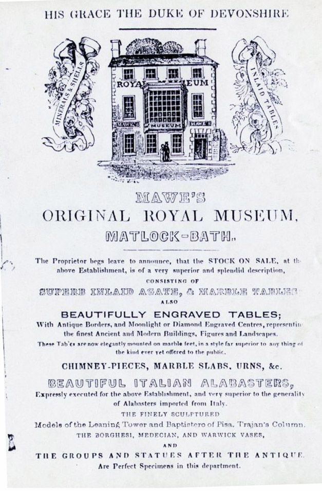 Page one of an advertisement for Mawe's Original Royal Museum, Matlock Bath showing a line drawing of the Royal Museum