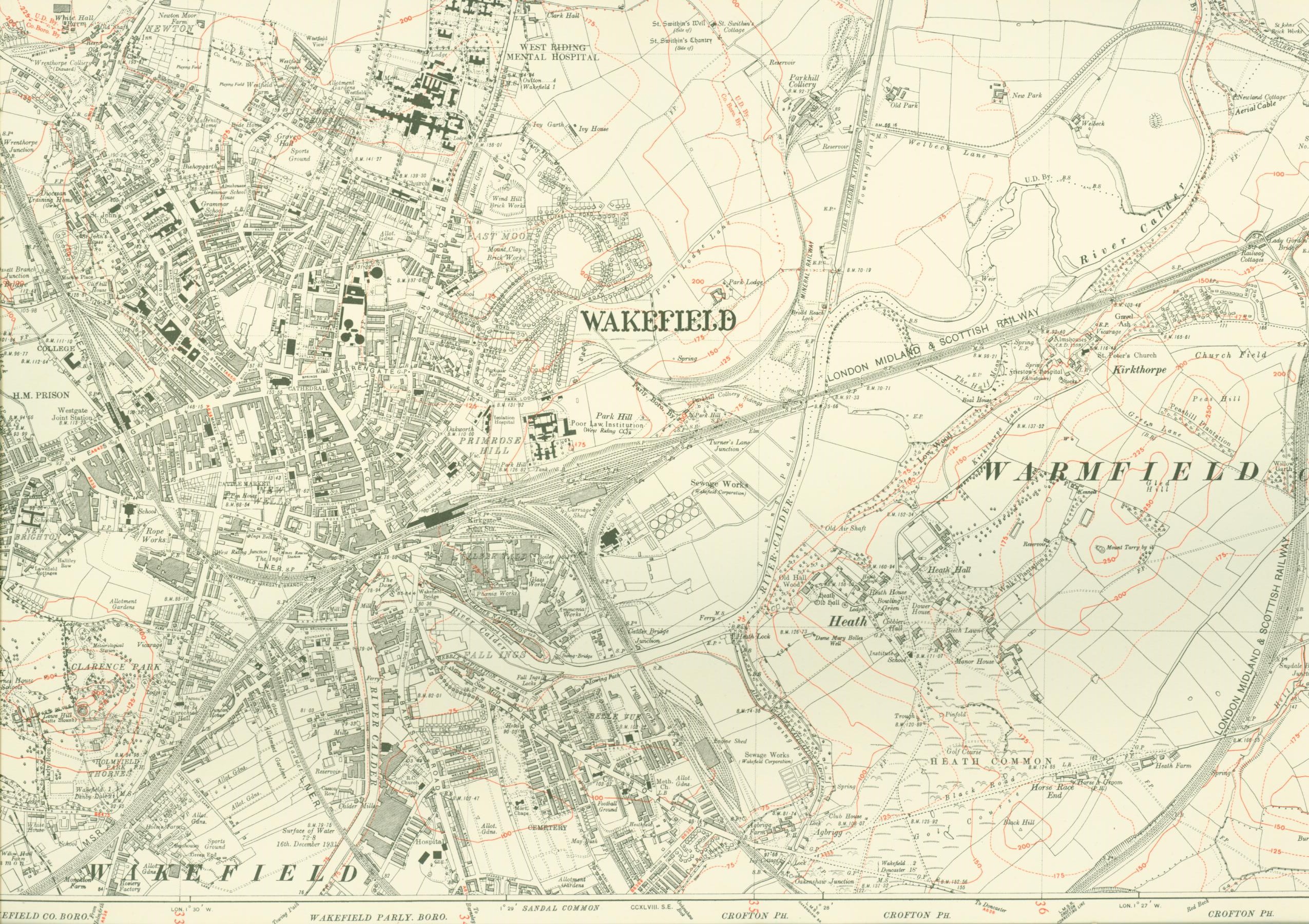 Black and white image of an Ordnance Survey map showing Wakefield and Warmfield