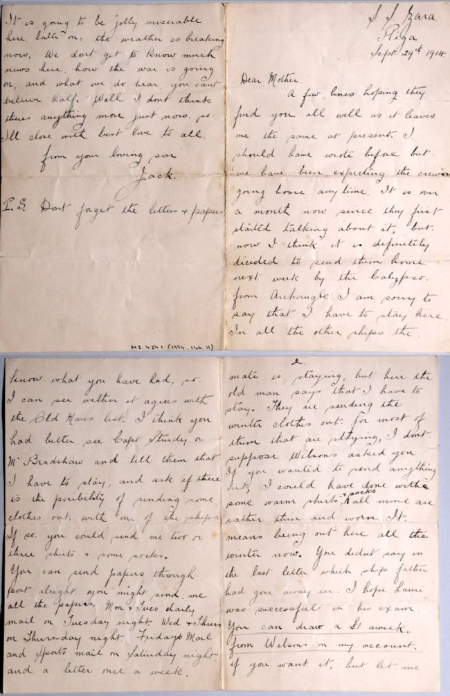 Letter from Jack Altoft to his mother, sent while serving on the Wilson line ship Zara in 1914
