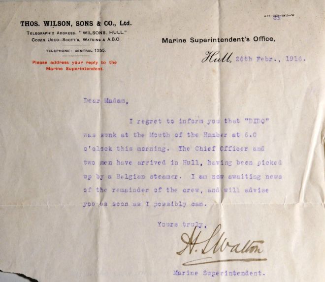 Telegram sent to Mrs Ada Altoft by the Marine Superintendent, Hull on 26 February 1916 about the SS Dido