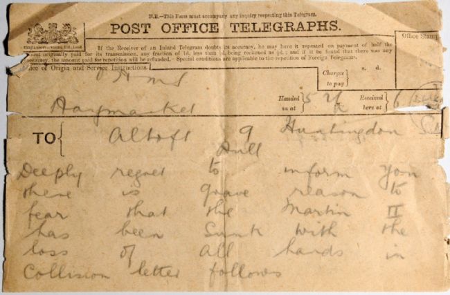Telegram Ada Altoft of Hull about the sinking of the Martin II