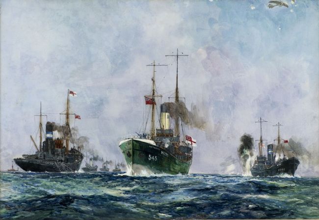 Watercolour painting entitled 'Armed Trawlers from Hull and Grimsby' showing three ships with smoke pouring from their funnels.