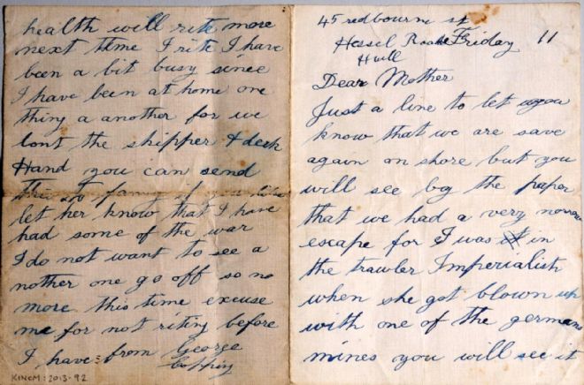 Letter from George Copping to his mother, written in September 1914, describing the sinking of the trawler 'Imperialist'