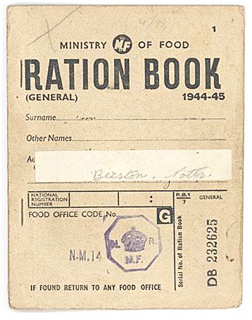 Ration Book written in capitals on the front, from the Ministry of Food.