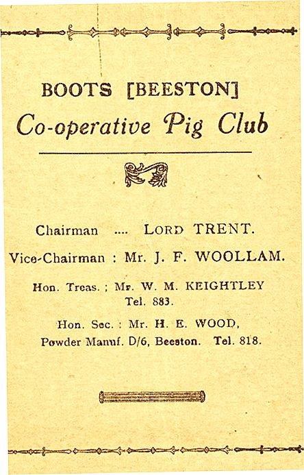 Booklet cover reads: "Boots [Beeston] Cooperative pig Club.
