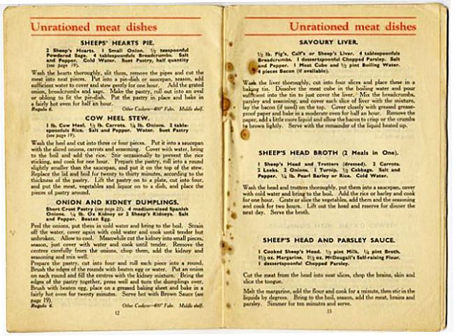Pages from a wartime cookery book showing recipes for unrationed meat dishes.