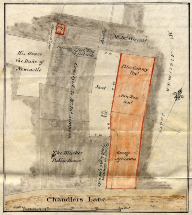 Inset plan to 1829 Conveyance showing buildings owned by George Africanus. A long, narrow area is coloured in orange.