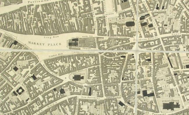 Black and white print of an 1831 map of  an area of Nottingham.