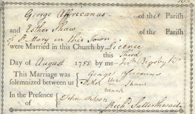 Printed and handwritten marriage certificate.  It's on yellowed paper with a design around the outside.