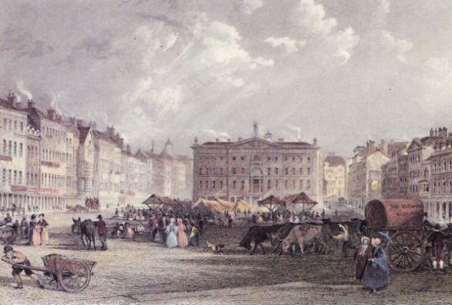 Painting of Nottingham Market Place bustling with activity.  There are lots of people , some with hand carts and donkeys.  There are lots of women in big dresses with a backdrop of large, grand buildings