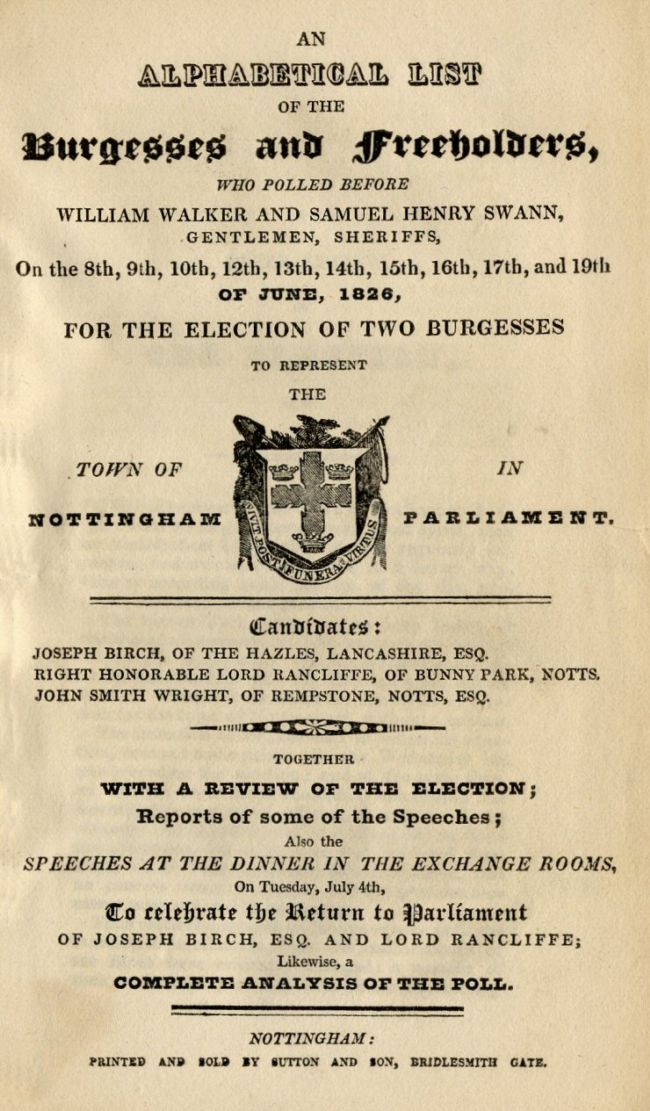 Front cover is printed only in black ink.  Some of it reads 'An Alphabetical List of the Burgesses and Freeholders, who polled before William Walker and Samuel Henry Swann, Genlemen, Sheriffs.'
