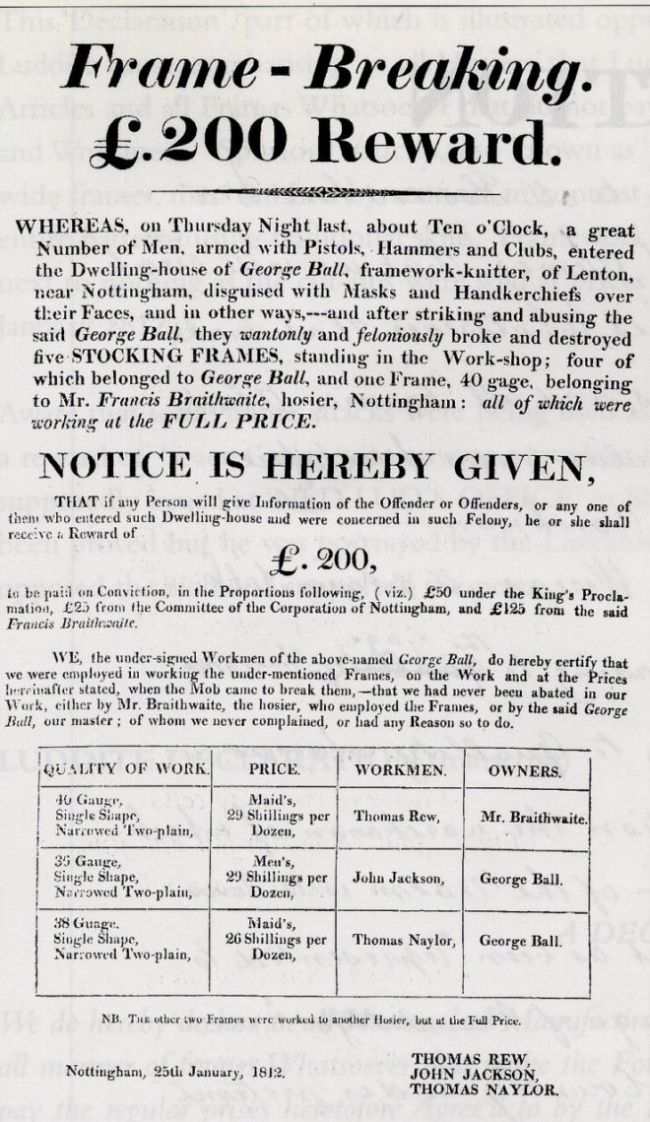 Reward notice offering £200 for information about those who broke 5 stocking frames