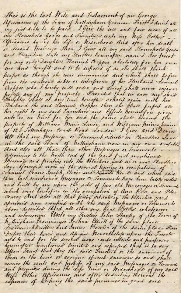 Handwritten page of George Africanus' Will.  It is written in black ink in beautiful cursive script