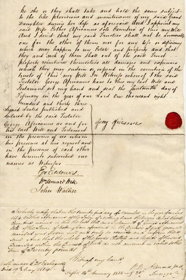 Last page of the handwritten will, with a small , red wax seal on the right hand side about half way down.