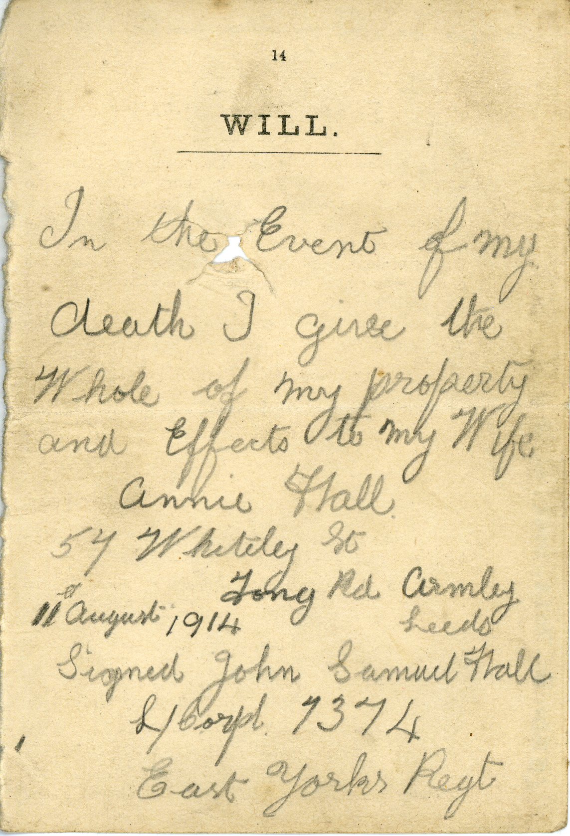 A will, handwritten and signed on paper, detailing that John Samuel Hall's whole estate should be given to his wife Annie Hall in the event of his death. The will is written in cursive handwriting.