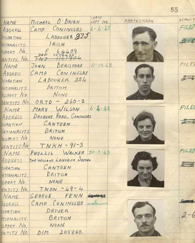 Handwritten register and photos of workers at RAF Conningsby