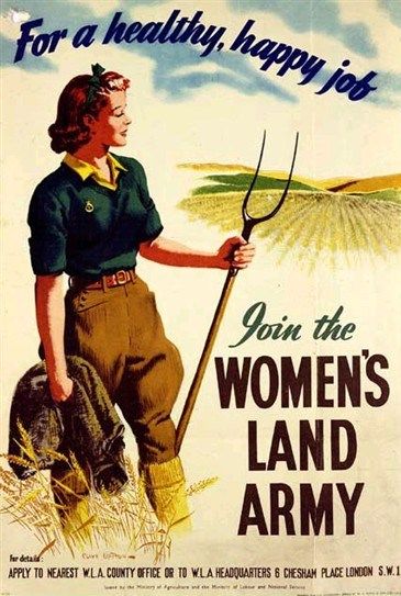 Recruitment poster, WW2 women's Land Army showing a woman in uniform with a fork in a field