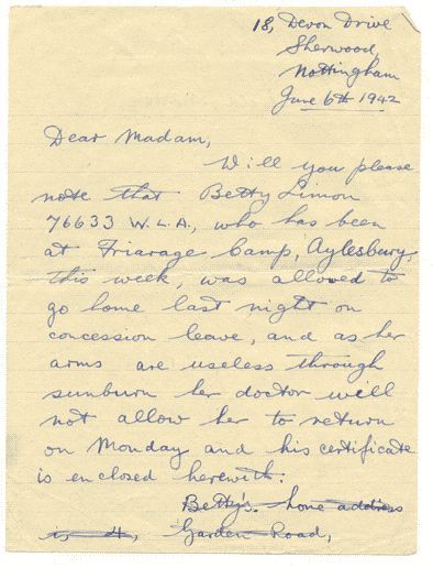 Hand written letter detailing a land army girl's sick leave for sunburn