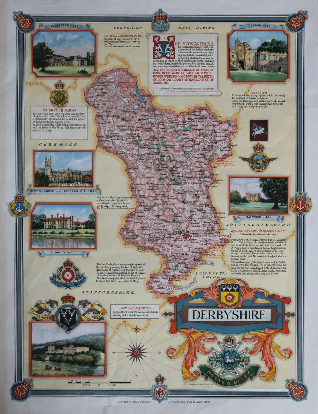 Map illustrated with photographs showing what work was done where in Derbyshire during WW2