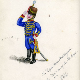 Watercolour illustration of an artilleryman, captioned: ‘Royal House of the Artillerymen. By ‘Bob’ one of the old Corps 8/3/16.’