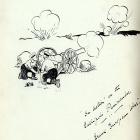 Cartoon of the Gallipoli campaign, captioned ‘Action on the Gallipoli Peninsula. The Great European War’.