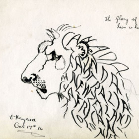 Cartoon of a lion composed of letters spelling out countries