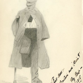 Cartoon showing an soldier in uniform with an amputated leg and injured arm. The caption reads: ‘What does Britain owe him? By Bob 1915.’