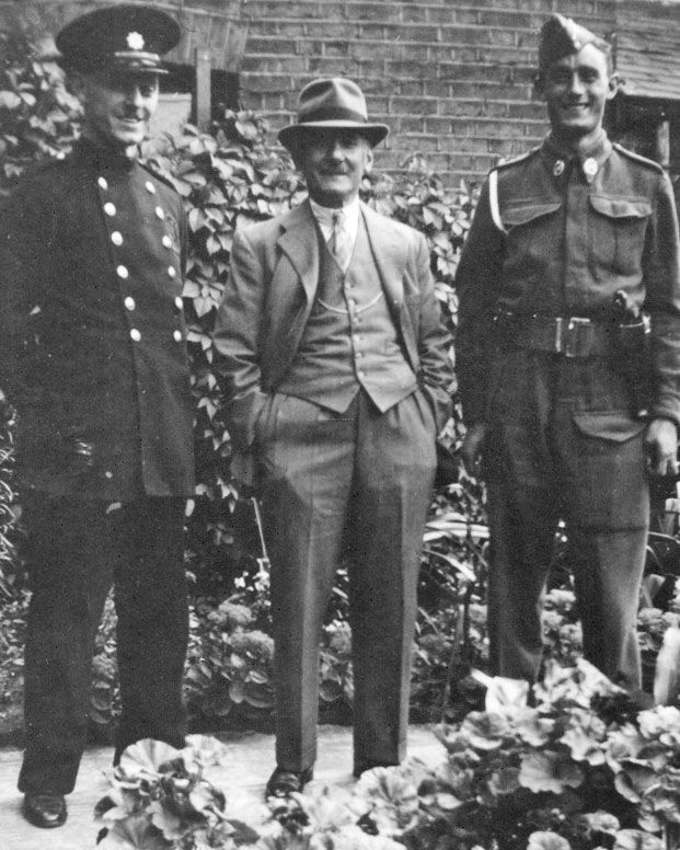 Black and white photograph of George Thomas Jones, George Edward Jones and Edward George Jones of Bow, taken about 1939