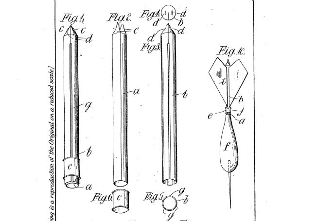 Labelled line drawing showing the shaft of the dart and a picture of the whole dart.