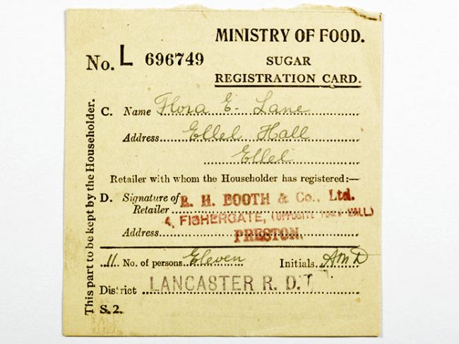 Card printed with 'Ministry of Food' and 'Sugar Registration Card'. Made out in the name of Flora E Lane.