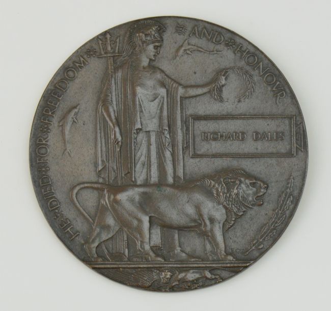 First World War Commemorative Plaque showing a figure with a trident, a lion and Richard's name engraved on it.