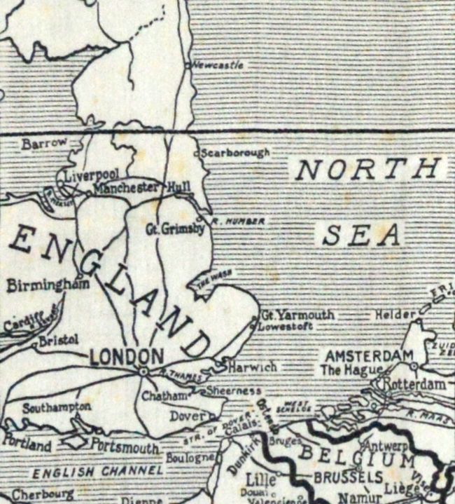 Detail from hand drawn map of Europe in 1914, printed onto a cotton handkerchief