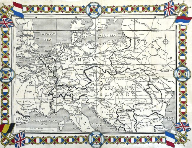 Hand drawn map of Europe in 1914, printed onto a cotton handkerchief