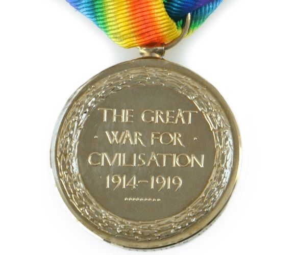 Reverse shows a ring engraved around the edge with the words 'The Great War for Civilisation 1914 - 1919'