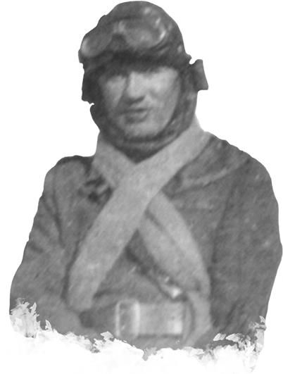 Black and white photograph showing a man in flying gear