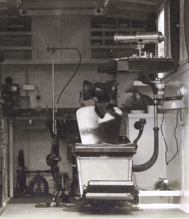 Close up view of the mobile dental surgery showing the chair and other equipment