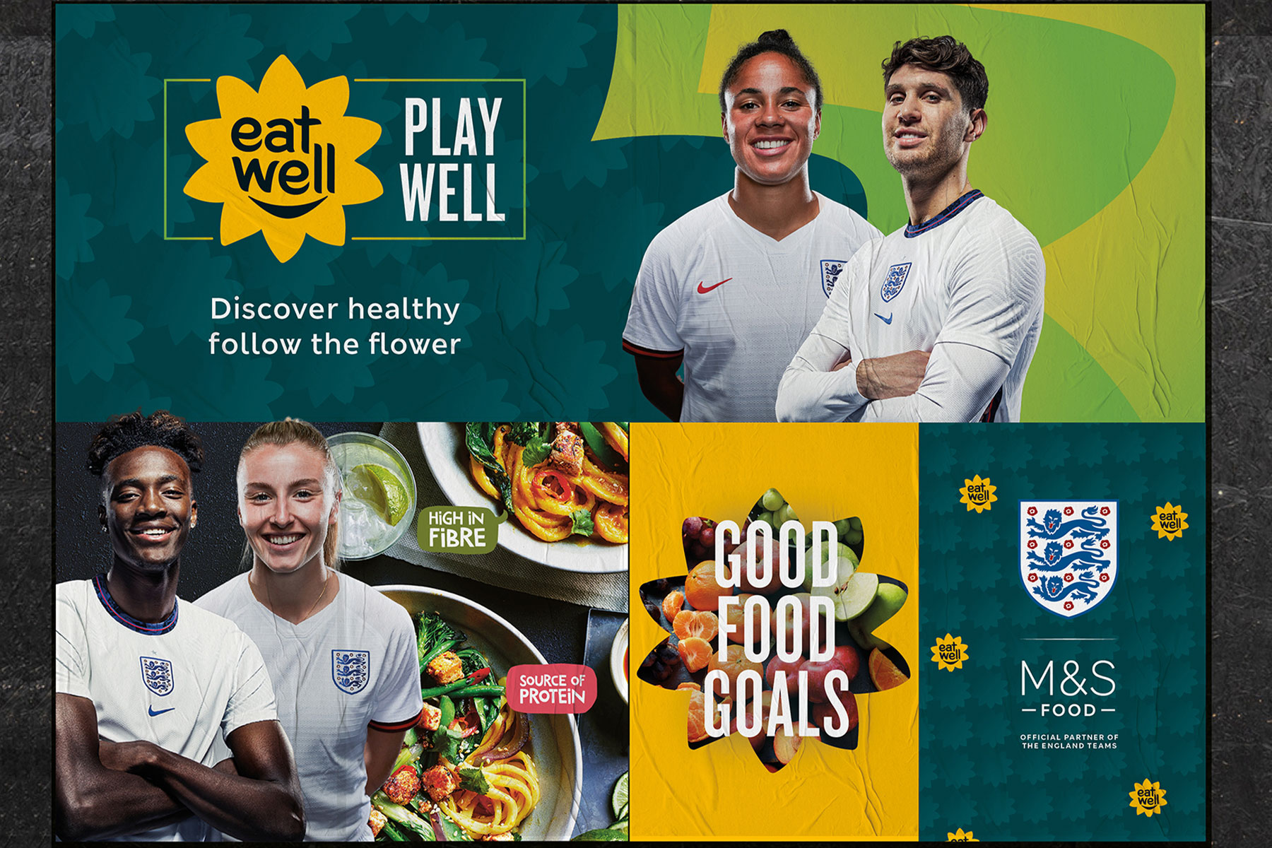Advertising for Eat Well Play Well showing female and male England football players.