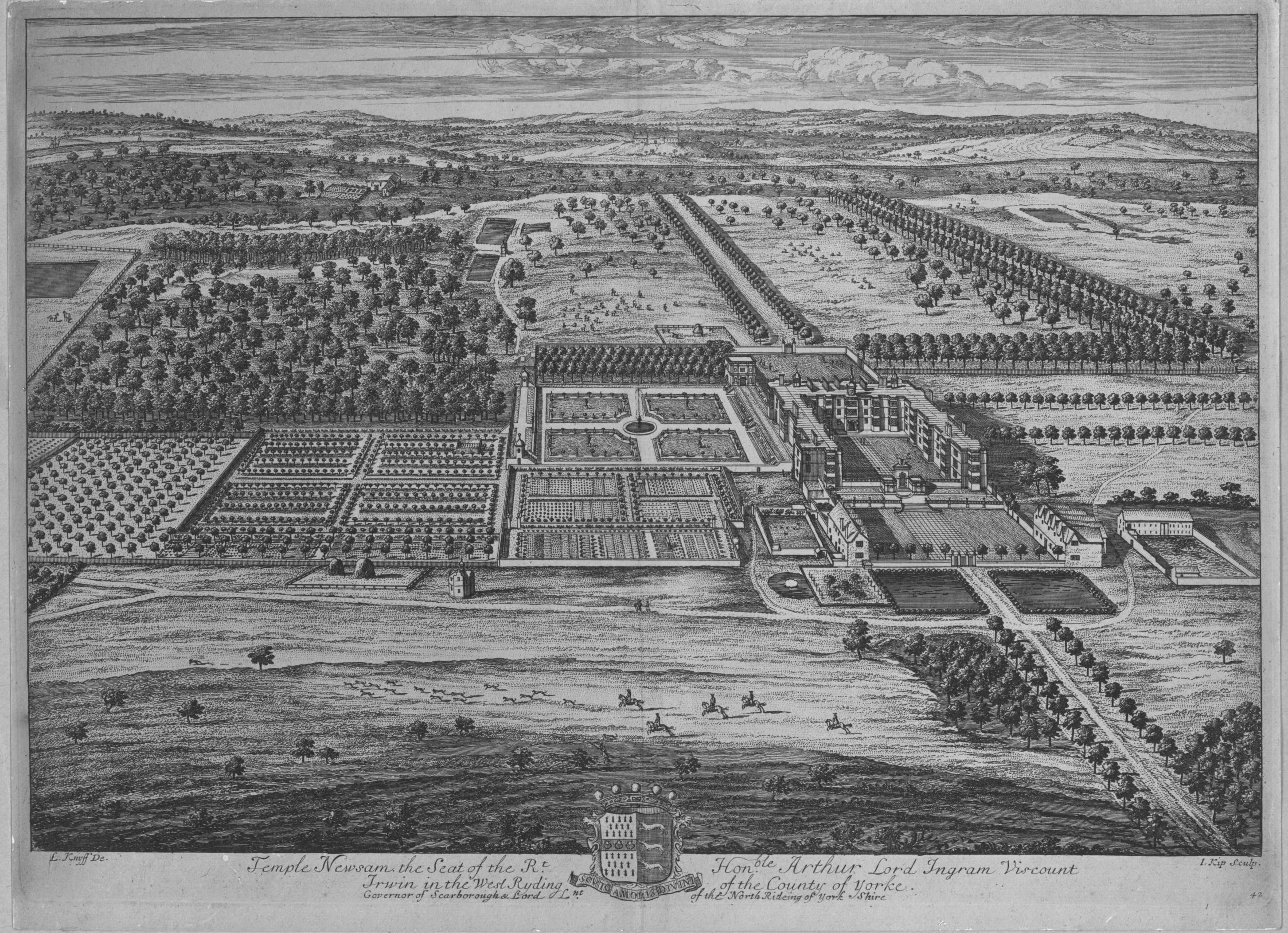 Black and white engraving showing  Temple Newsam house and grounds, with formal flower beds, vegetable beds and straight avenues. In the foreground are horseriders